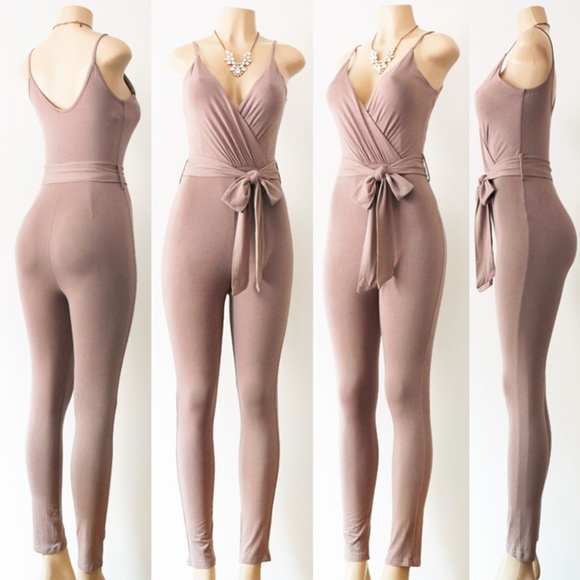 Mocha Taupe Surplice V Neck Sexy Bodycon Jumpsuit - Picture 4 of 8